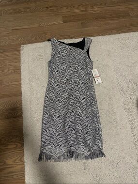 S.L. Fashions Black and White One-Shoulder Fringe Dress